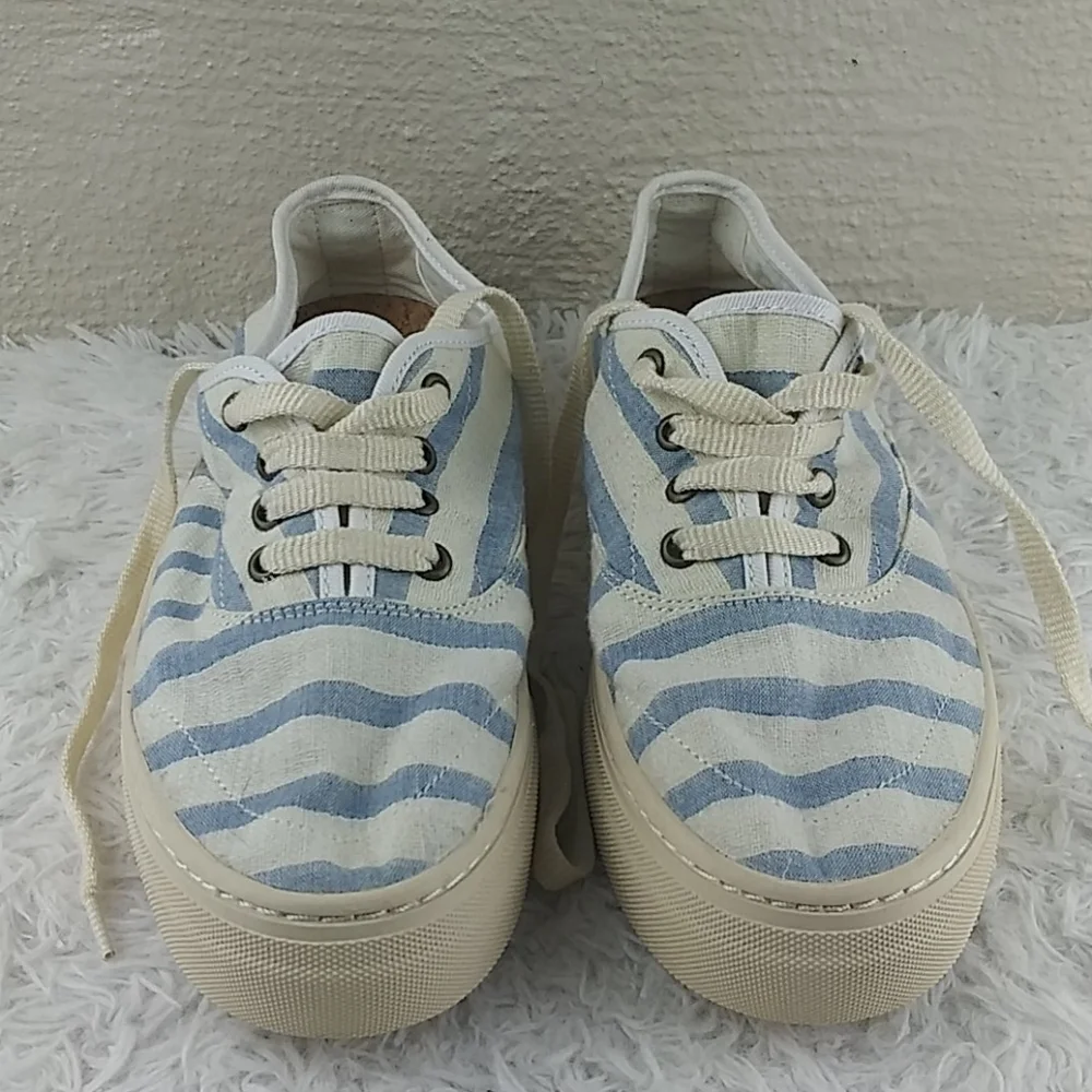Soludos Blue Striped Fabric Upper Almond Toe Lace Up Low Top Platform Sneaker - Picture 11 of 15